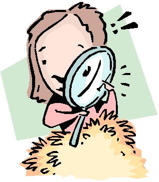 clipart of student using a maginfying glass to find a needle in a haystack